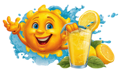 A cheerful sun character joyfully savoring a refreshing lemon drink showing bright summer happiness on white background