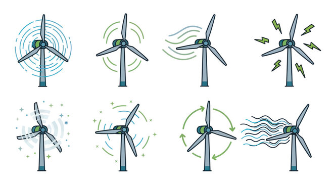 A hand-drawn collection of wind turbine illustrations showing various states of wind power generation and motion.