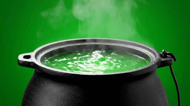 A bubbling and steaming black cauldron with green liquid, isolated on a solid green background brew, smoke, mystery