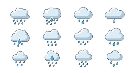 Set of Cartoon Clouds with Rain Drops Weather Icons.