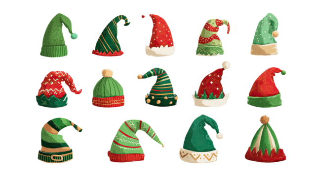 Christmas festival hats with fluffy white edges and red fabric showing cheerful holiday celebration accessories on white background