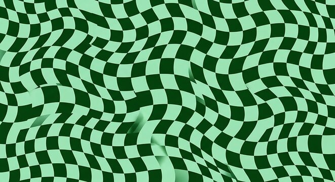 Abstract Wavy Green and Mint Checkerboard Pattern with Distorted Illusion Effect.