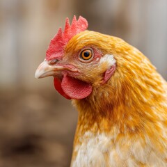 A detailed close-up shot of a chicken&rsquo;s head with a vivid orange color, showcasing its features