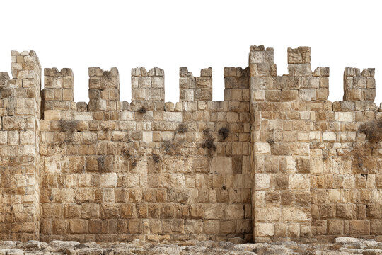 A weathered stone wall with crenellations against a black backdrop