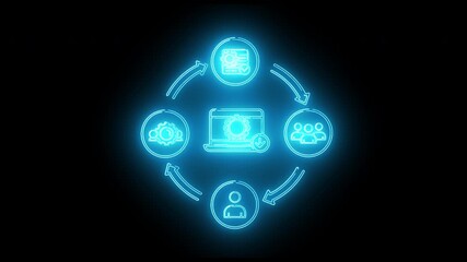 Neon blue animation of digital payment system with currency exchange and secure transaction icons - Powered by Adobe