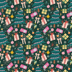 Christmas tree with ornaments and gifts seamless pattern on dark background