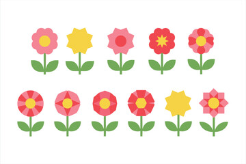 Ten Simple Geometric Flowers Pink Red Yellow Green Stems Leaves vector