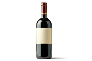 Fototapeta premium A single bottle of dark red wine with a blank, cream-colored label and a red top is shown against a white background
