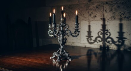 Ornate silver candelabra with lit black candles casting shadows on a rustic wall. Gothic home decor for Halloween or a spooky, historical setting.