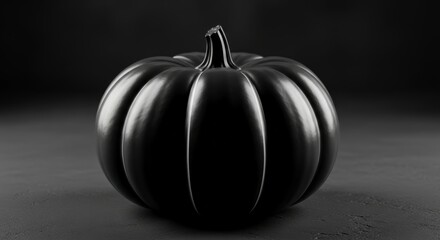 Black ceramic pumpkin with stem on dark background, Halloween decoration for autumn holiday event concept. Seasonal design element.