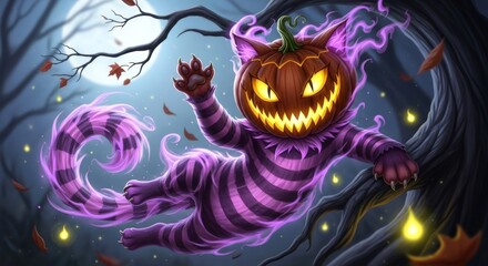 Spooky pumpkin headed feline with glowing eyes and striped body floating in a dark forest at night for Halloween