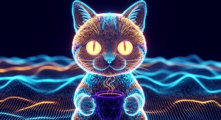 Neon kitten made of glowing dots holding a steaming coffee cup. Cyberpunk feline character for modern digital art and technology concepts.