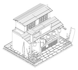 Traditional Japanese restaurant building with a tiled roof and contour line drawing style, surrounded by plants on a clean white background. Isometric view