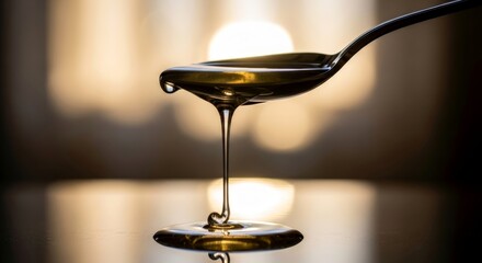 A spoon dripping honey onto a surface, showcasing the viscosity of the liquid. Food and cooking concept for healthy eating and natural sweet.
