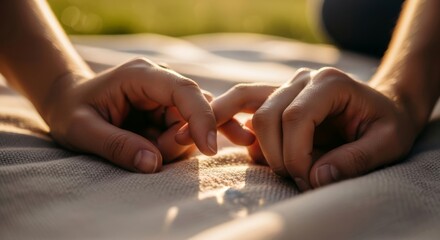 Couple's hands gently touching on a blanket at sunset, symbolizing connection, intimacy, and love. Romantic gesture for Valentine's Day.