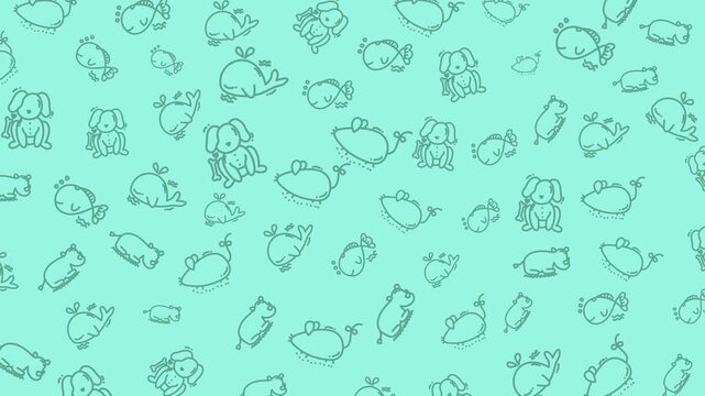 Teal pattern with drawings of dogs, frogs, fish, and carrots. Suitable for pet stores, childrens products, and kitchen decor.