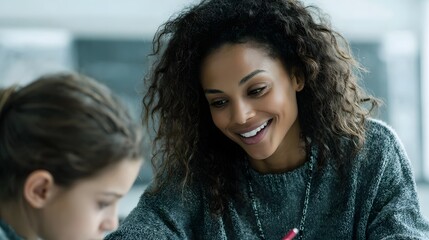A smiling teacher guides a student s work promoting a positive educational interaction