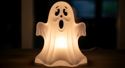 Halloween ghost lamp glowing in the dark, spooky decoration for holiday celebration and seasonal design.
