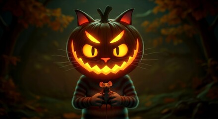 Pumpkin cat with glowing face holding a mouse in a dark forest. Halloween art for holiday decoration and spooky theme.