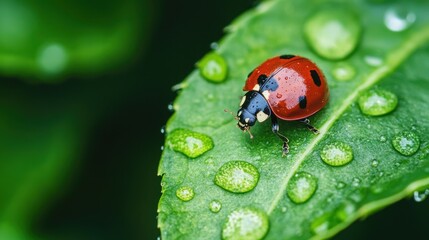 Fototapeta premium Close-up of a ladybug resting on a green leaf after a rain
