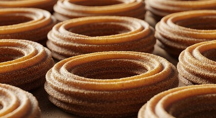 Churros are arranged in a neat pattern, creating a visually appealing arrangement on a flat surface.