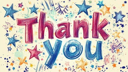Colorful hand-lettered Thank you with playful stars and doodles in the background