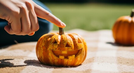 Person touching a carved Halloween pumpkin on a blanket, with another pumpkin blurred in the background. Autumn celebration event.