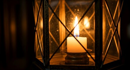 Burning candle inside of a rustic glass lantern. Warm glowing light in darkness. Cozy atmosphere for celebration or meditative moment.