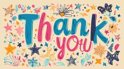 Colorful hand-lettered Thank you with playful stars and doodles in the background