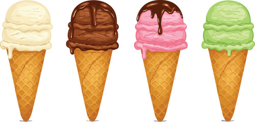 Vector illustration of four waffle cones with vanilla, chocolate, strawberry, and mint ice cream scoops, delicious summer dessert collection