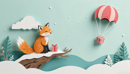 Pastel paper cut, animal paper art for festive Christmas decoration holiday. A whimsical fox sits on a snowy branch, with a parachute delivering a gift in a playful, illustrated winter scene.
