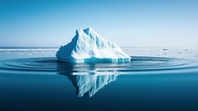 A serene, wide-angle shot of a solitary iceberg reflecting on calm waters, perfect for a nature video showcasing tranquility and isolation. Live desktop wallpaper.