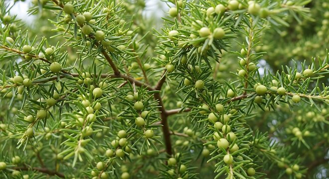Closeup of Juniper Berries on Branch.