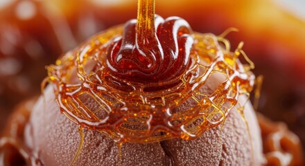 Caramel sauce pouring over chocolate ice cream scoop with spun sugar decoration. Macro dessert detail for sweet food or recipe presentation.