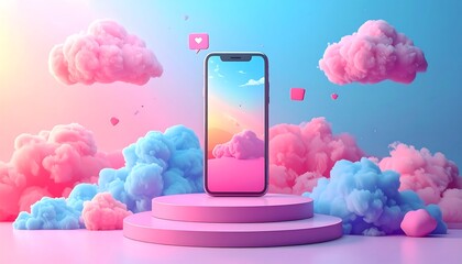 A digital device, placed on a pink pedestal, amidst vibrant pastel clouds and floating social media icons. The screen displays a picturesque sunset scene