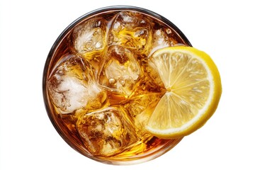Overhead view of an iced amber beverage in a glass, garnished with a lemon wedge