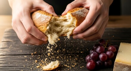 Man tearing fresh bread with crust crumbs scattering on a rustic wooden table with grape and cheese.