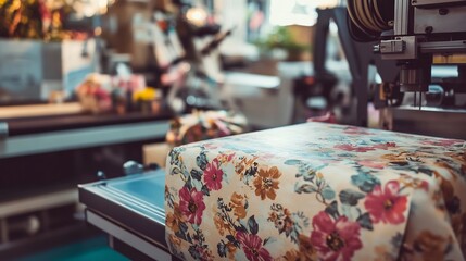 Packaging machine in a cozy Mothers Day production area wrapping products in floral packaging with gentle colors representing appreciation and warmth for the holiday