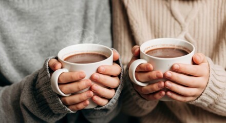 Two people holding mugs of hot chocolate, warming their hands. Cozy winter drink for comfort and friendship.