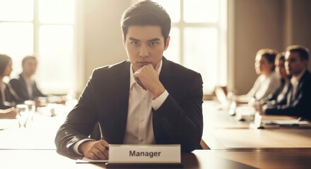 Young asian man manager looking intently at camera during business meeting. Professional corporate leadership concept for executive office.
