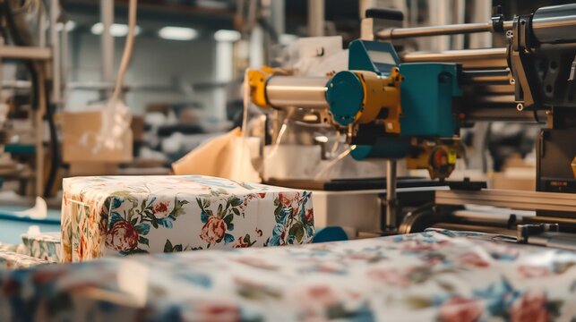 Packaging machine in a cozy Mothers Day production area wrapping products in floral packaging with gentle colors representing appreciation and warmth for the holiday