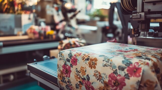 Packaging machine in a cozy Mothers Day production area wrapping products in floral packaging with gentle colors representing appreciation and warmth for the holiday