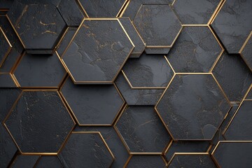 Dark grey hexagonal tiles with gold outlines, layered and textured, creating a luxurious, geometric pattern