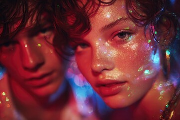 Obraz premium Intense close-up of two models with shimmering skin and colorful
