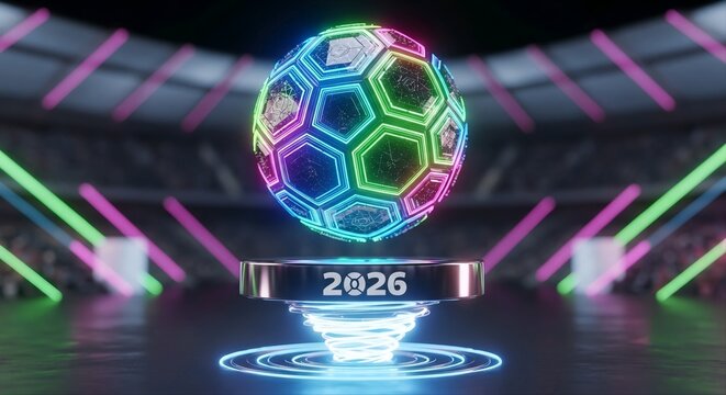 Futuristic Soccer Ball 2026 Stadium Neon Lights Sports Event Concept
