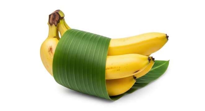 Bananas wrapped in a banana leaf on a white background.