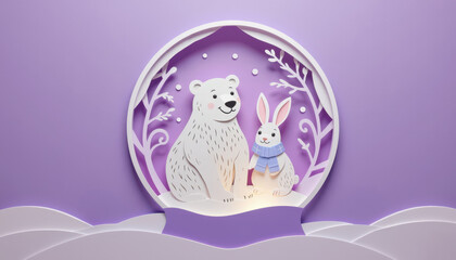 Pastel paper cut, animal paper art for festive Christmas decoration holiday. A cute bear and rabbit illustration surrounded by a decorative frame on a purple background.