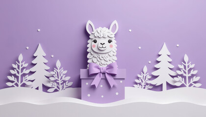 Pastel paper cut, animal paper art for festive Christmas decoration holiday. A whimsical llama stands in a gift box, surrounded by snowy trees on a pastel purple background.