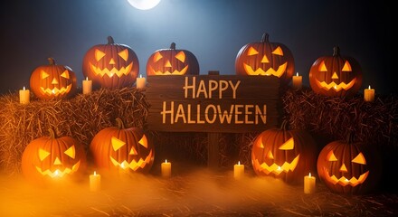 Happy Halloween Sign with Glowing Jack O'Lanterns and Candles on Hay Bales