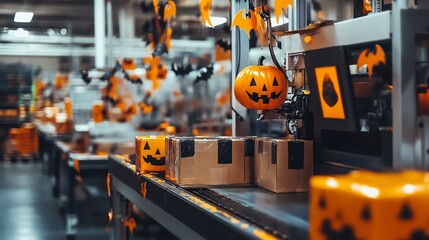 Packaging machine in a Halloween themed factory surrounded by eerie decorations like pumpkins and bats wrapping products in orange and black with spooky designs